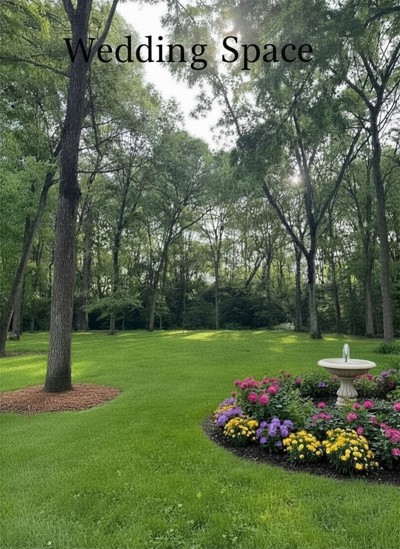 Sycamore Getaway wedding ceremony space — tiered fountain and flower beds among tall trees